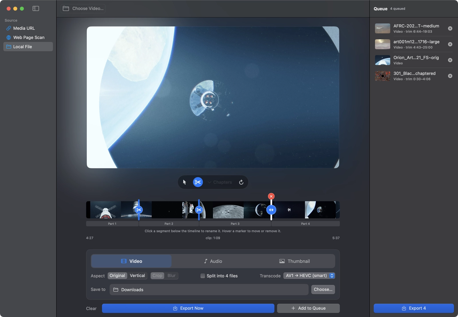 Chop-Up Video main window with NASA spacecraft footage split into four segments at user-placed cut points, and four videos in the download queue